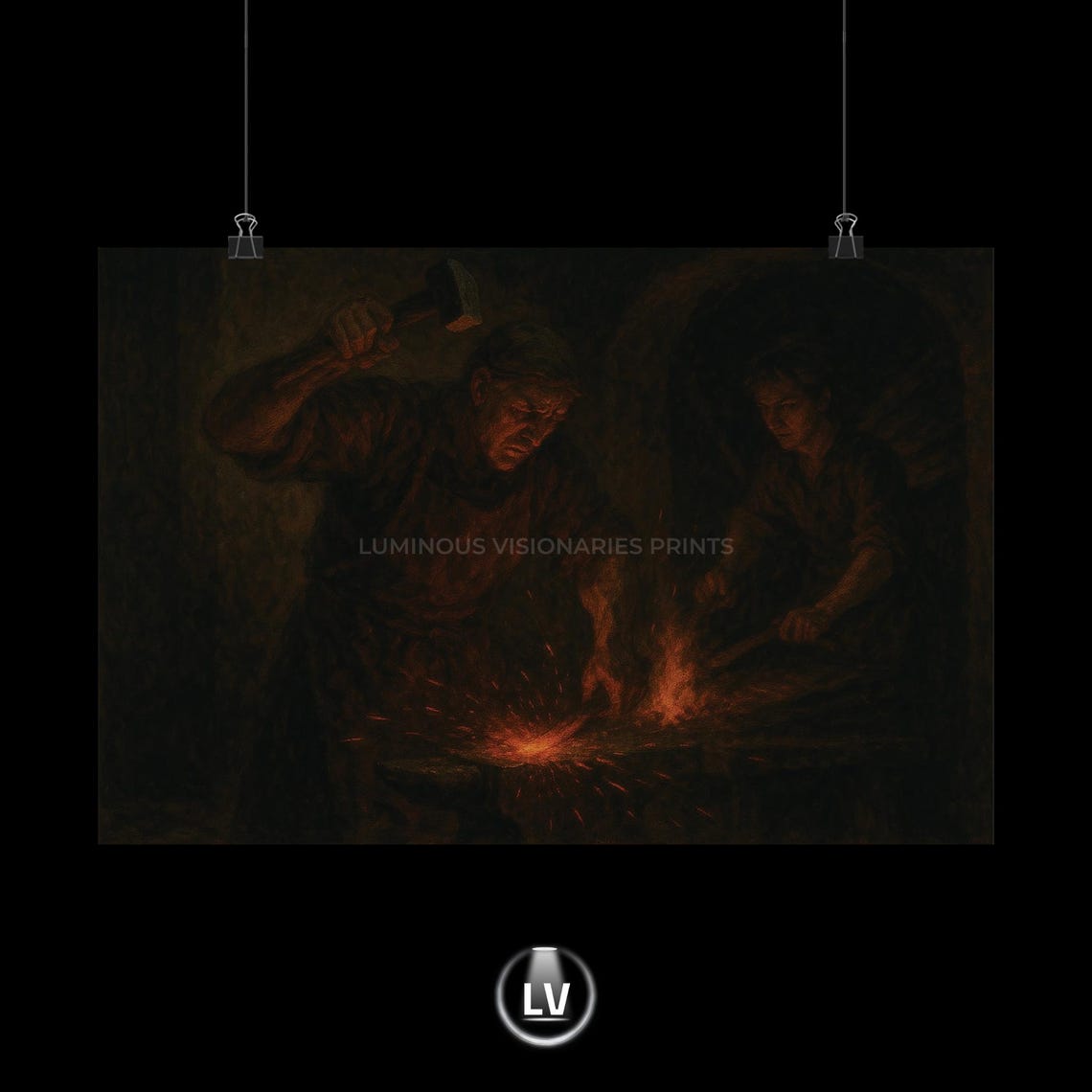 Blacksmith Forge Painting Glowing Anvil Fire Sparks Vintage Art Print