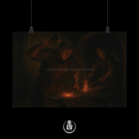 Blacksmith Forge Painting Glowing Anvil Fire Sparks Vintage Art Print