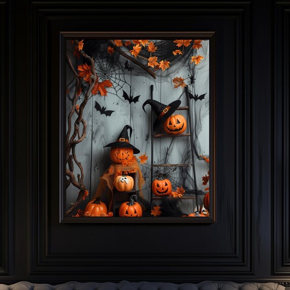Cute Halloween Pumpkins With Witch Hats Rustic Autumn Ladder Poster