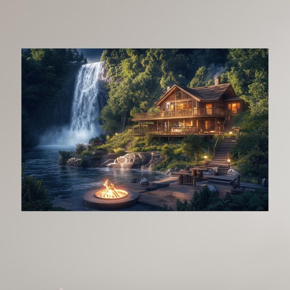 Rustic Cabin By Waterfall With Cozy Fire Pit Wall Art Tranquil Nature Retreat Illustration Relaxing Forest Landscape