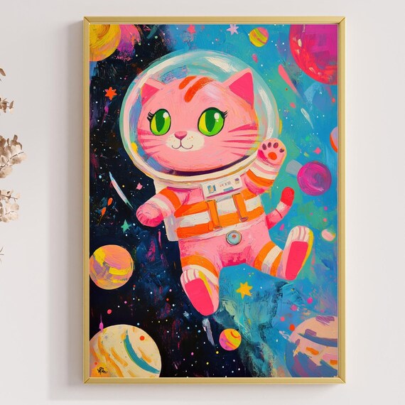 Cute Space Cat Wall Art Pink Astronaut Cat In Space Whimsical Galaxy Decor Room Art Cat Lover Gift