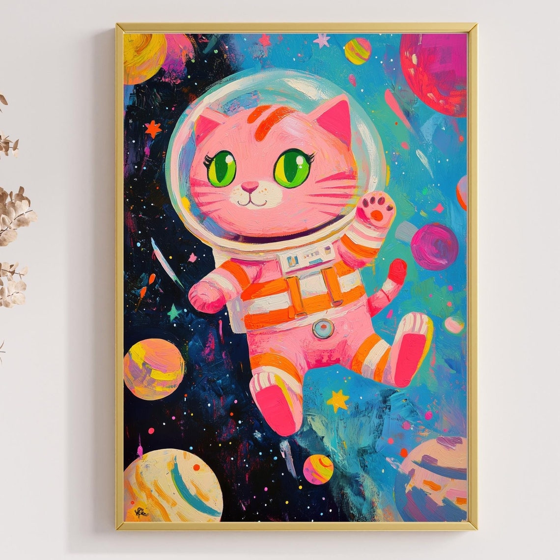 Adorable Pink Astronaut Cat Waving Paw In Starry Space Poster
