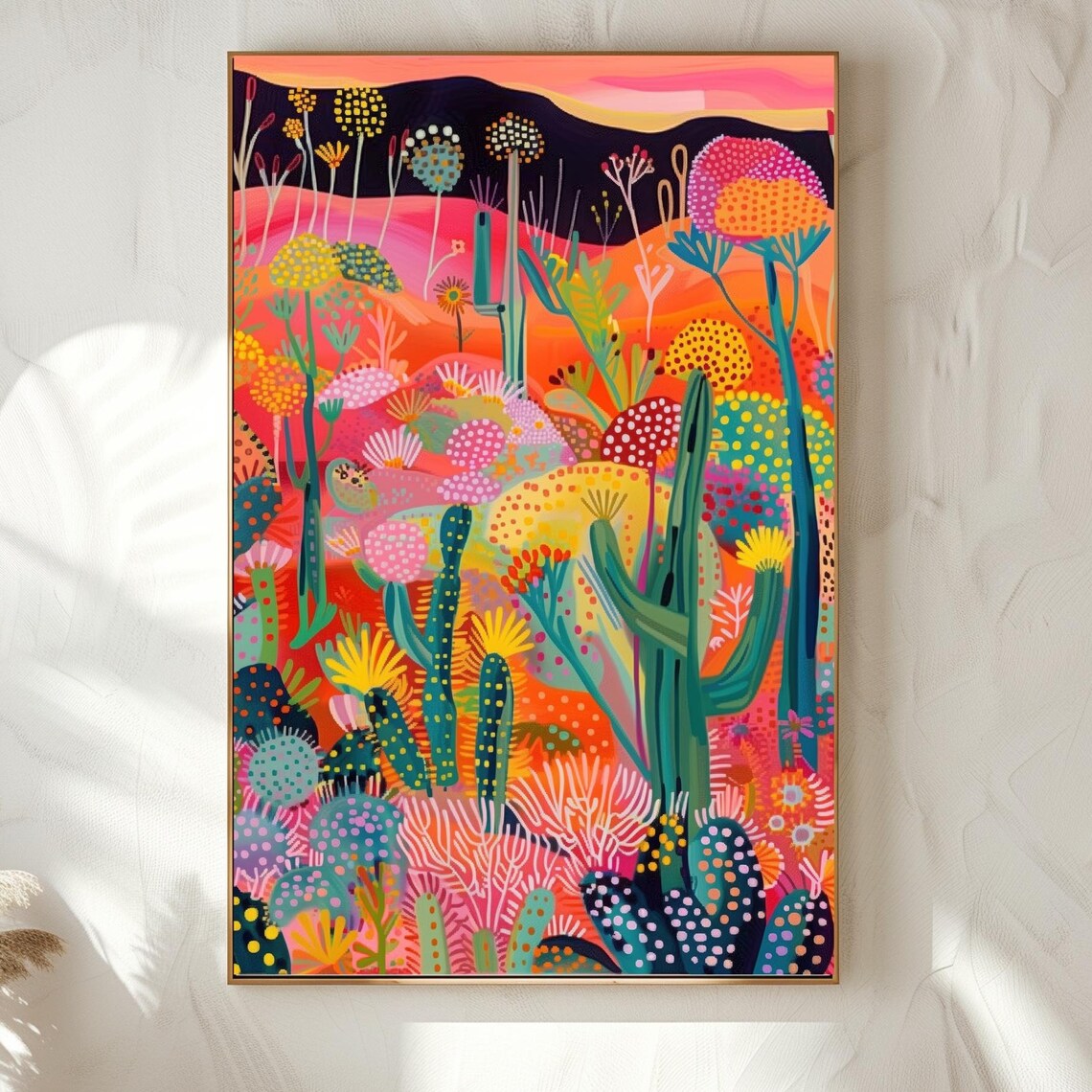 Vibrant Desert Cactus Garden At Sunset Mountains Dotted Art Poster