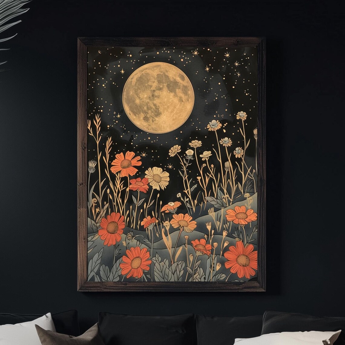 Golden Full Moon Over A Wildflower Meadow Starry Night Poster