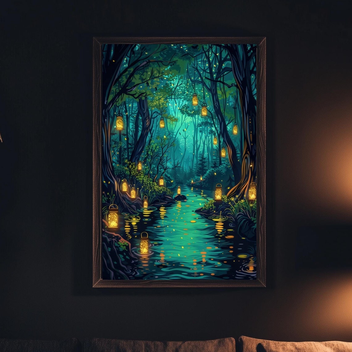 Enchanted Teal Forest Stream With Glowing Hanging Lanterns Poster