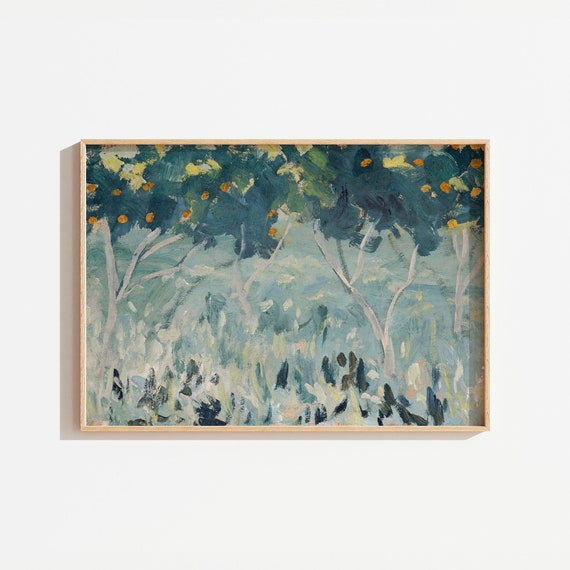 Vintage Colorful Blue Orange Tree Painting Blue Green Kitchen Wall Decor