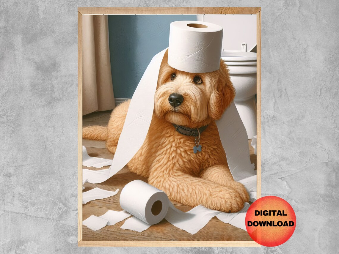 Goldendoodle Toilet Paper Hat Funny Puppy Bathroom Wall Poster