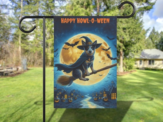Halloween Blue Heeler Yard Flag Australian Cattle Dog Broomstick Garden Fall Gardenflag Breed Pet Outdoor Decoration