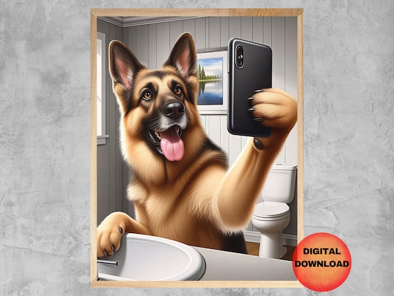 German Shepherd On Phone Wall Art Funny Bathroom Poster Dog Mobile Cell Picture Alsatian Mom Gift