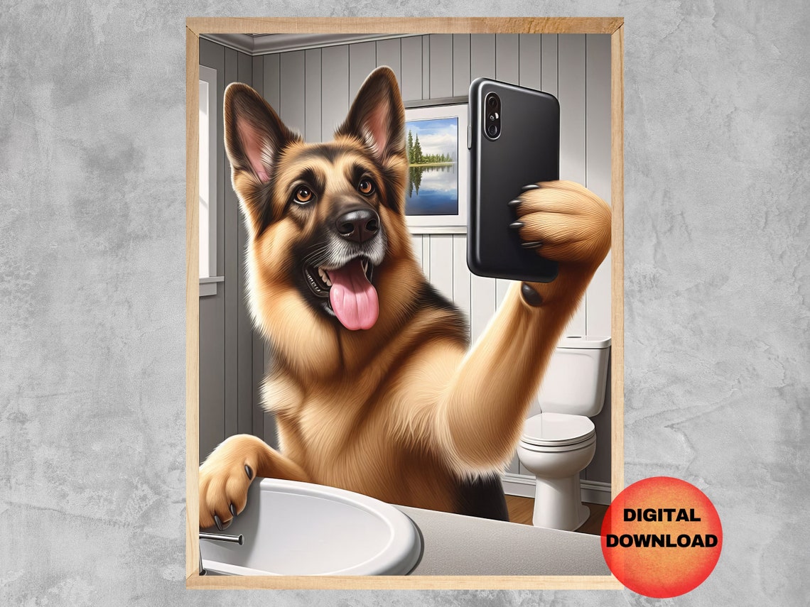 German Shepherd Selfie Funny Dog Bathroom Phone Photo Wall Poster