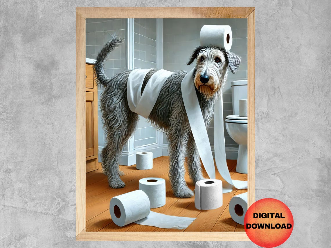 Scruffy Dog With Toilet Paper Roll on Head Funny Bathroom Poster