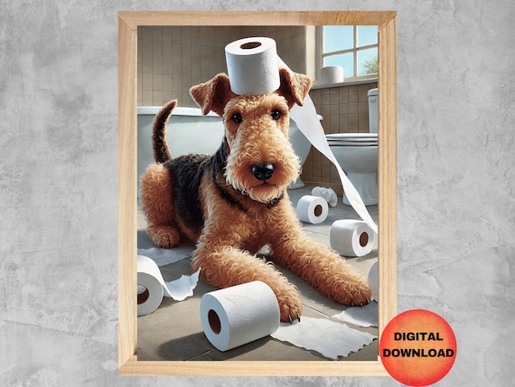 Airedale Funny Bathroom Wall Art Toilet Paper Kids Dog Portrait Cute Lover Gift Guest Print
