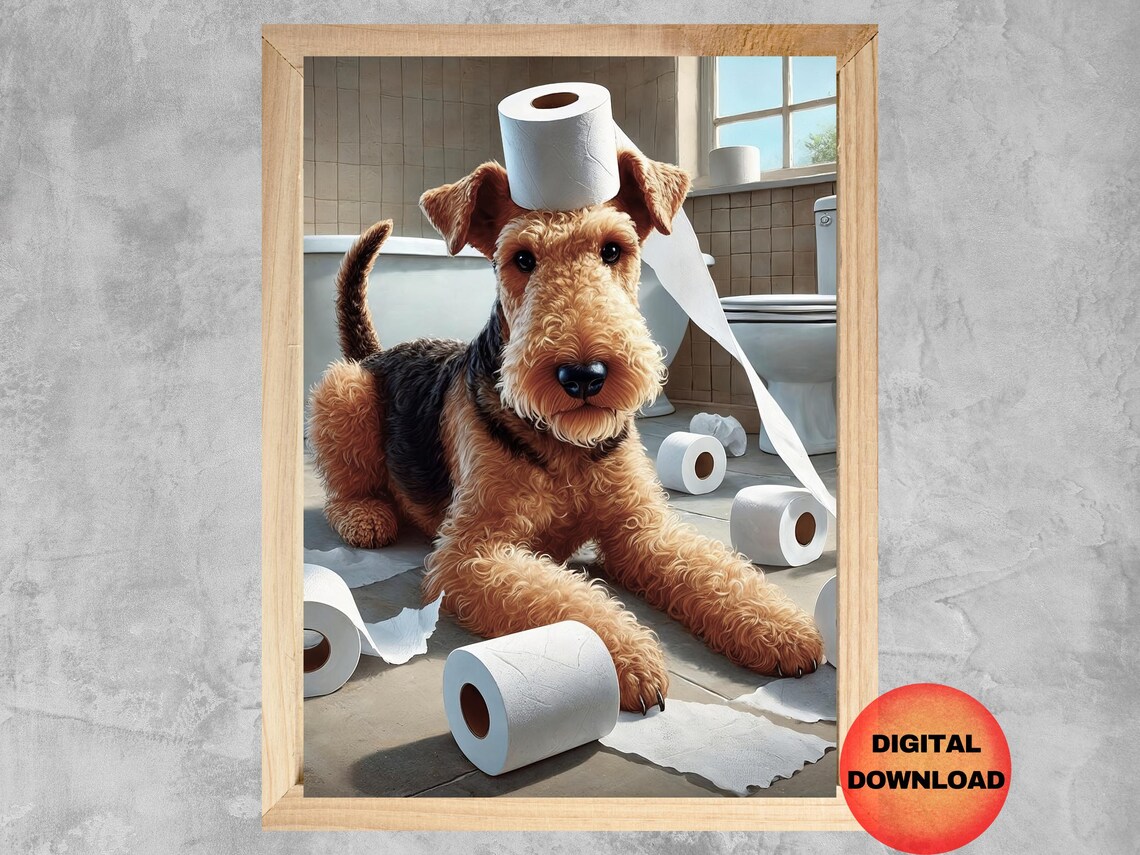 Mischievous Airedale Terrier with Toilet Paper Hat Funny Bathroom Poster