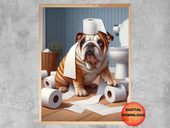 Bulldog Toilet Wall Art Funny Bathroom Print Whimsy Gift For Owners Humor Pet Poster Animal