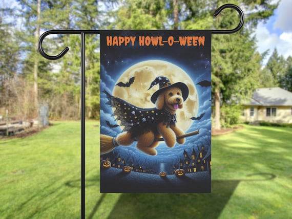 Fall Halloween Goldendoodle Yard Flag Autumn Witch Garden Doodle Dog Happy House Outdoor Decor