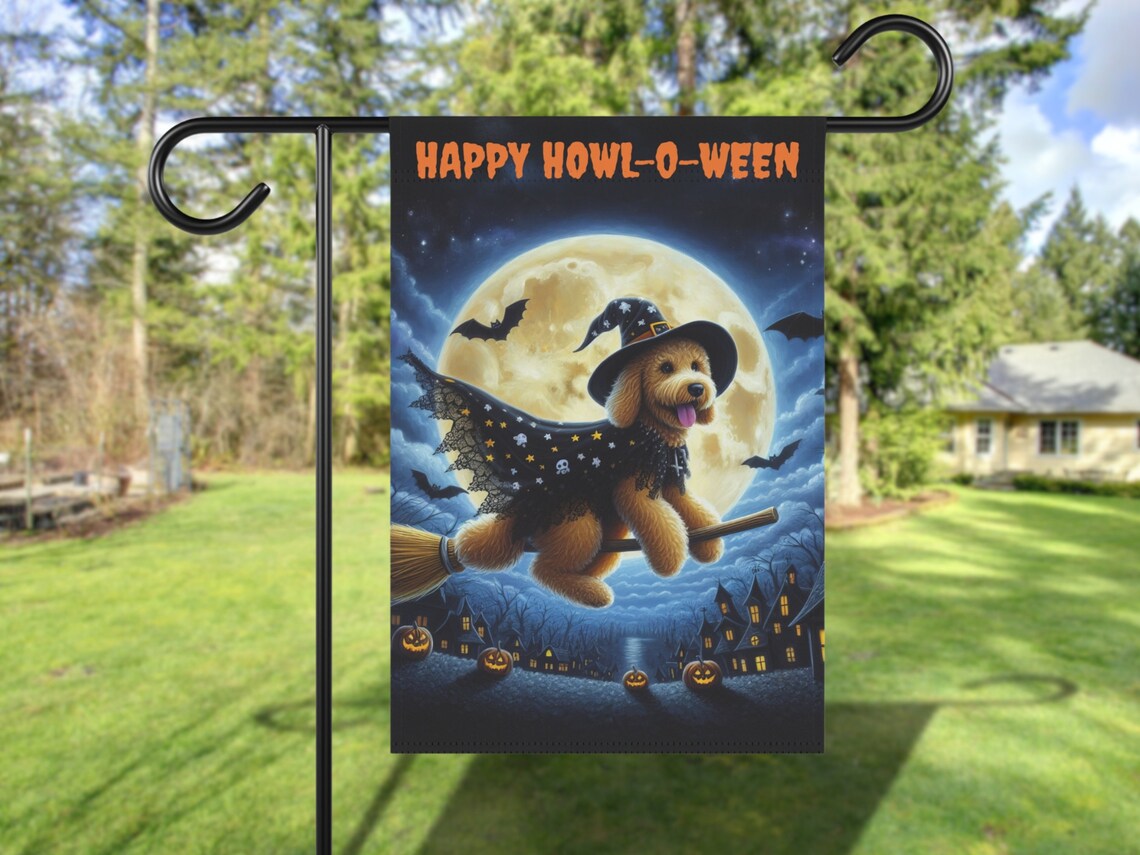 Happy Howl-O-Ween Goldendoodle Witch Garden Flag Halloween Decor Poster