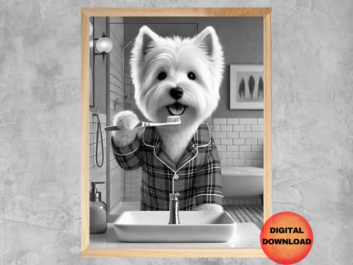 West Highland Terrier Brushing Teeth Pajamas Funny Bathroom Poster