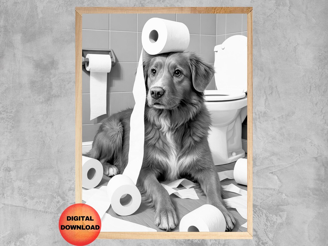 Nova Scotia Toller Dog in Toilet Paper Mess Funny Bathroom Poster