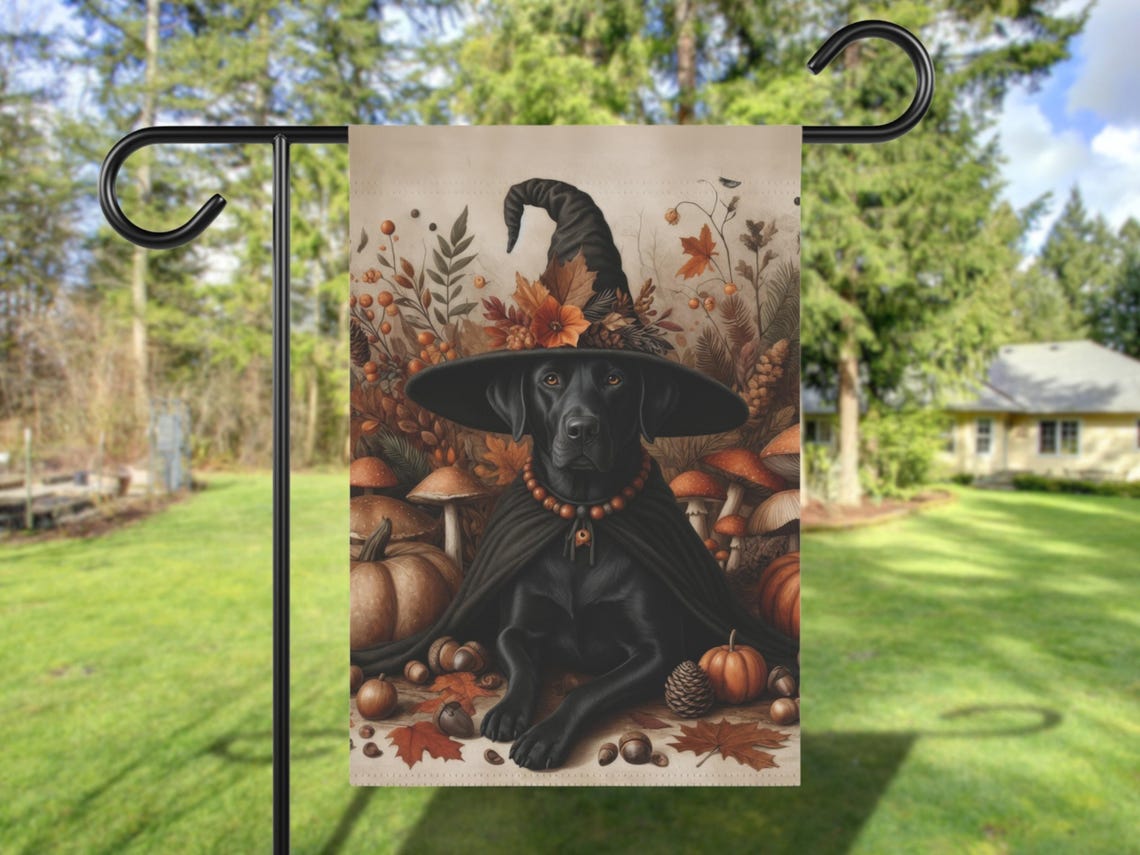 Black Labrador Witch Hat Autumn Pumpkins Fall Garden Flag Poster
