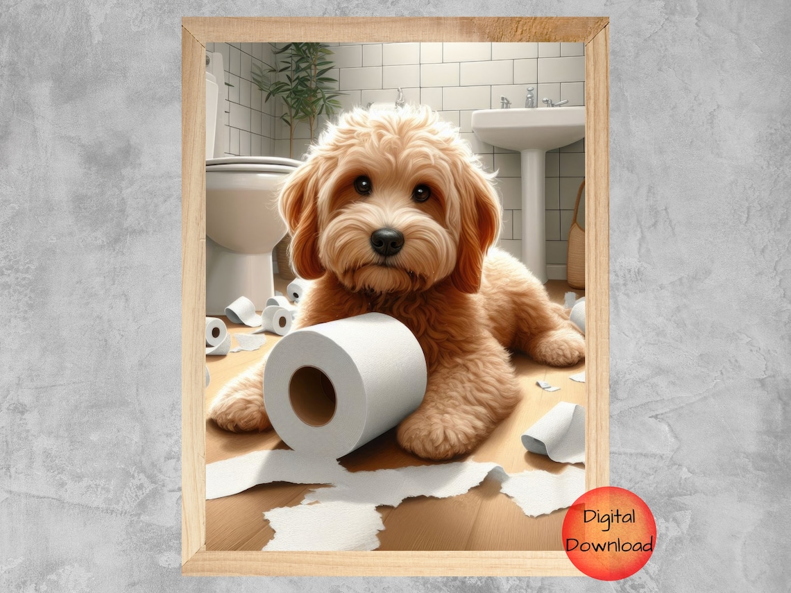 Cockapoo Funny Dog On Toilet, Bathroom Wall Art Print