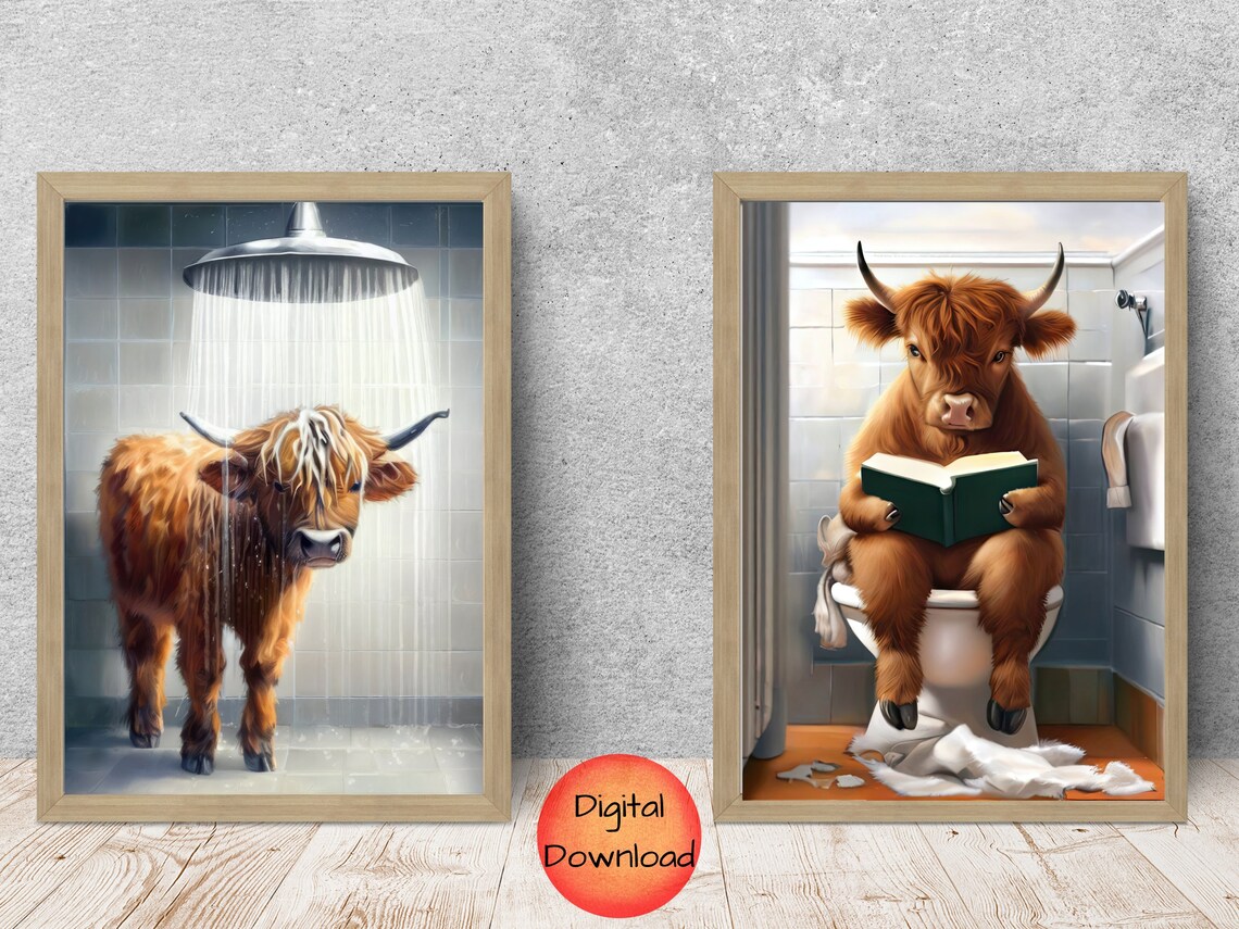 Highland Cow Bathroom Decor, Funny Wall Art Print