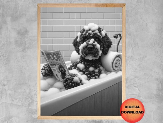 Portuguese Water Dog Bathtub Art Funny Bath Time Black And White Wall Whimsical Mom Gift Kids Bathroom Animal Decor