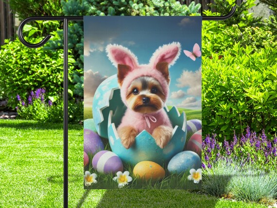 Cute Yorkie in Pink Bunny Costume Hatching from Easter Egg Spring Art Poster