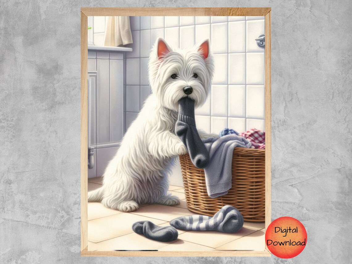 Funny Westie Bathroom Art, Whimsy Dog Poster