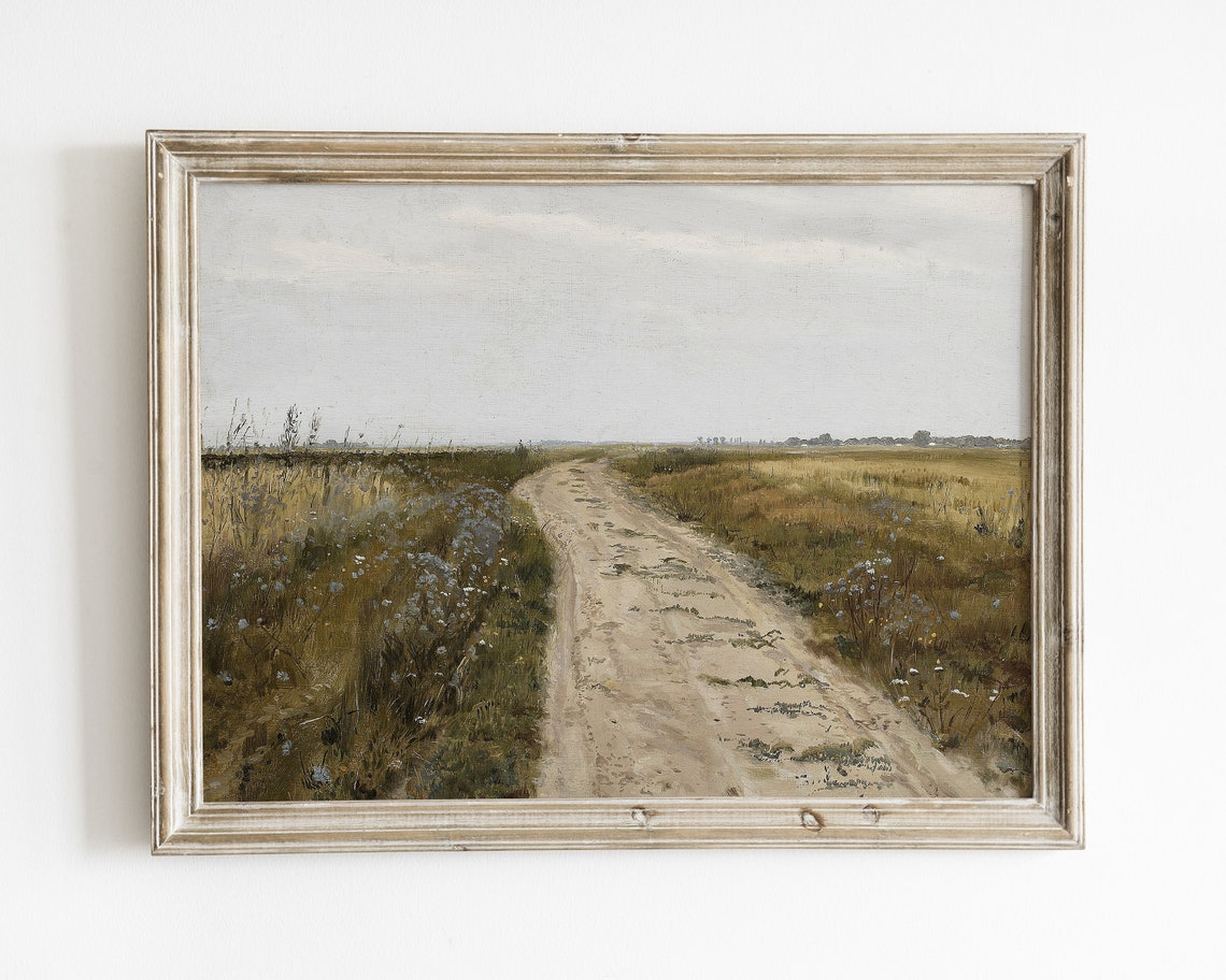 Country Landscape Oil Painting Vintage Painting Meadow Painting Landscape Art Print Oil Painting Vintage Country Road Art Print