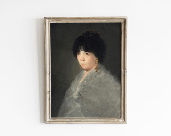 Vintage Woman Portrait Female Painting Gold Earrings Shawl Moody Dark Art Elegant Wall Decor Art