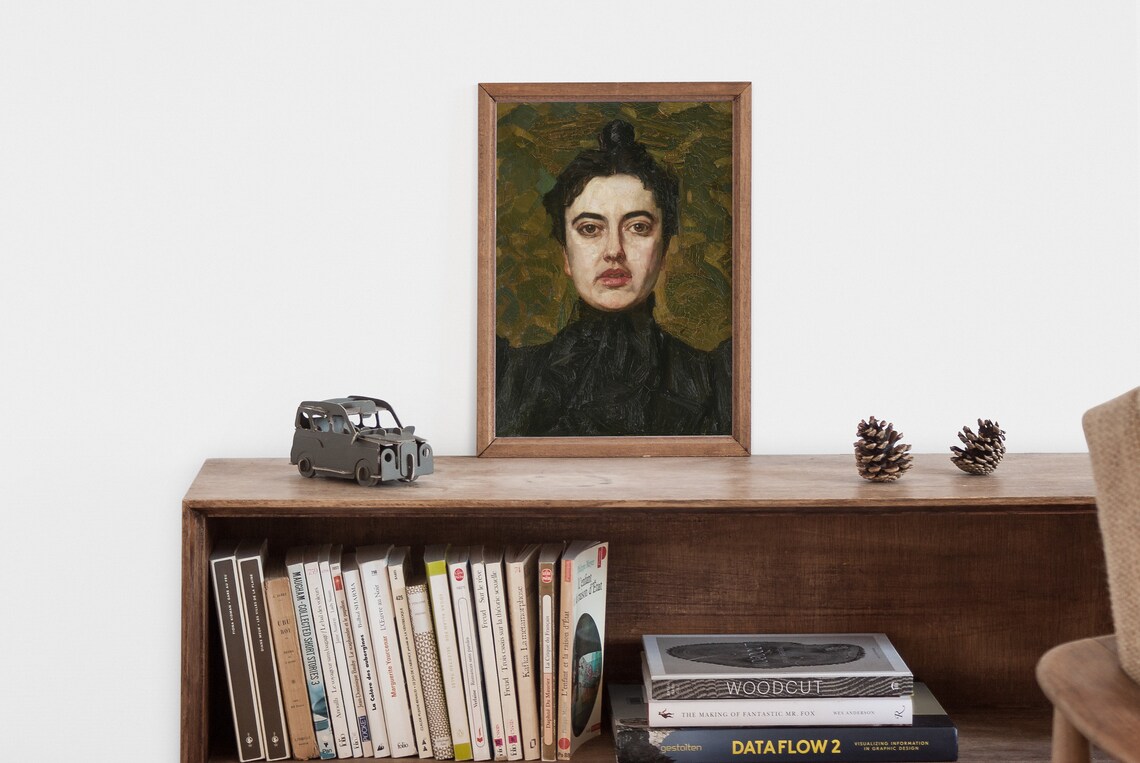 Antique Oil Portrait of Dark Haired Woman in Black Dress Moody Wall Art - Image 2
