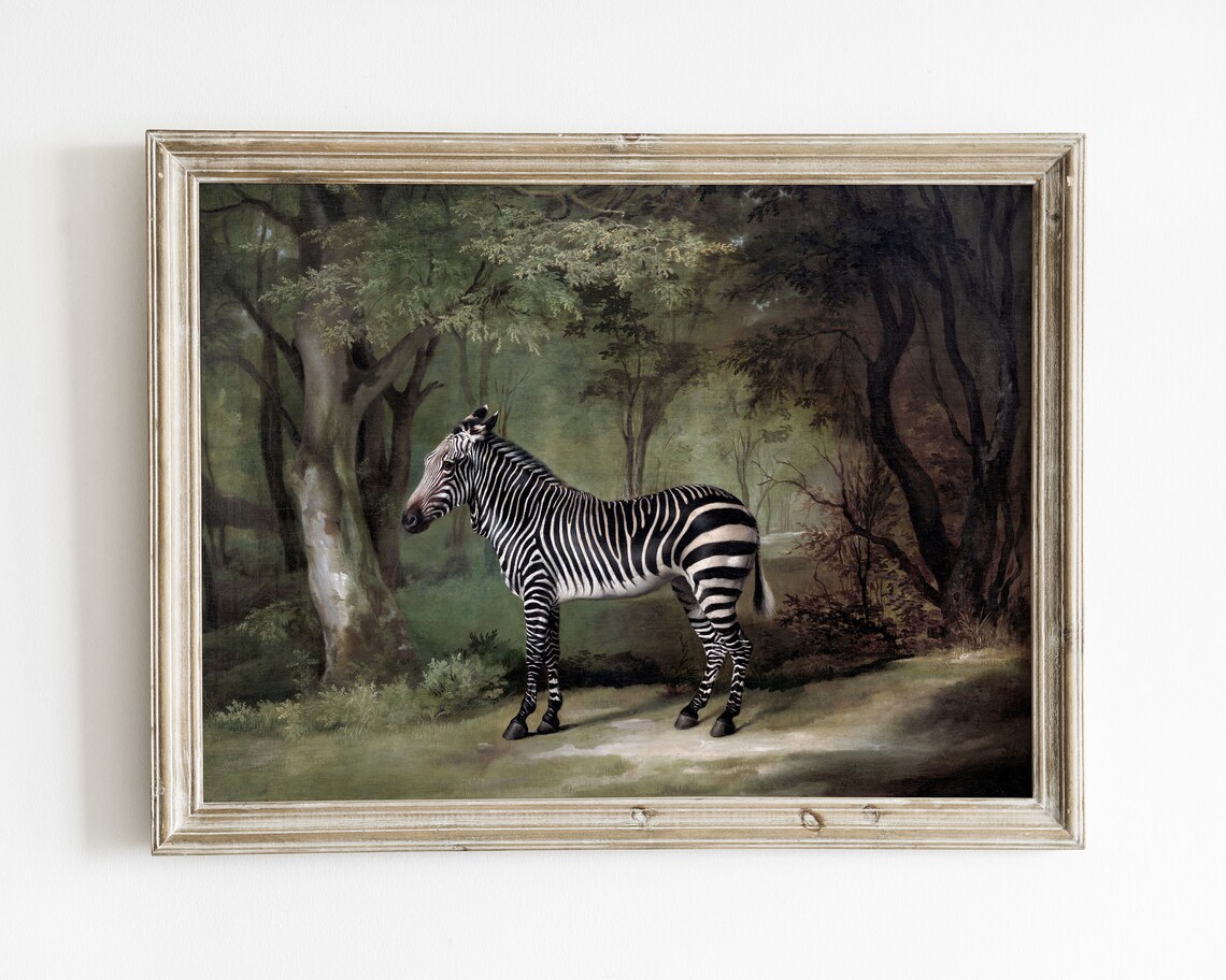 Zebra Print Vintage Landscape Art Print, Green Wall