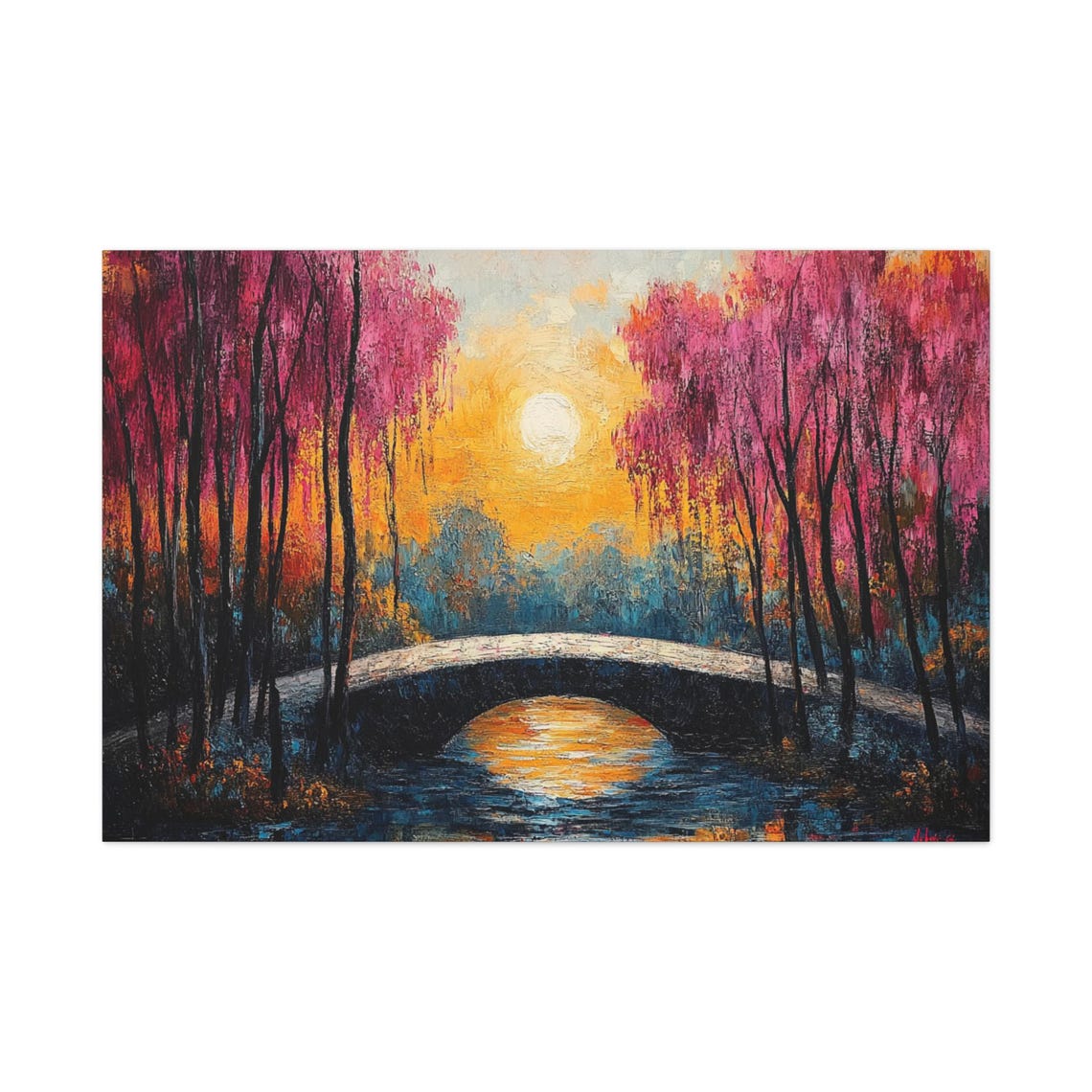 Pink Willow Trees Sunset Bridge Oil Painting River Art Poster - Image 3