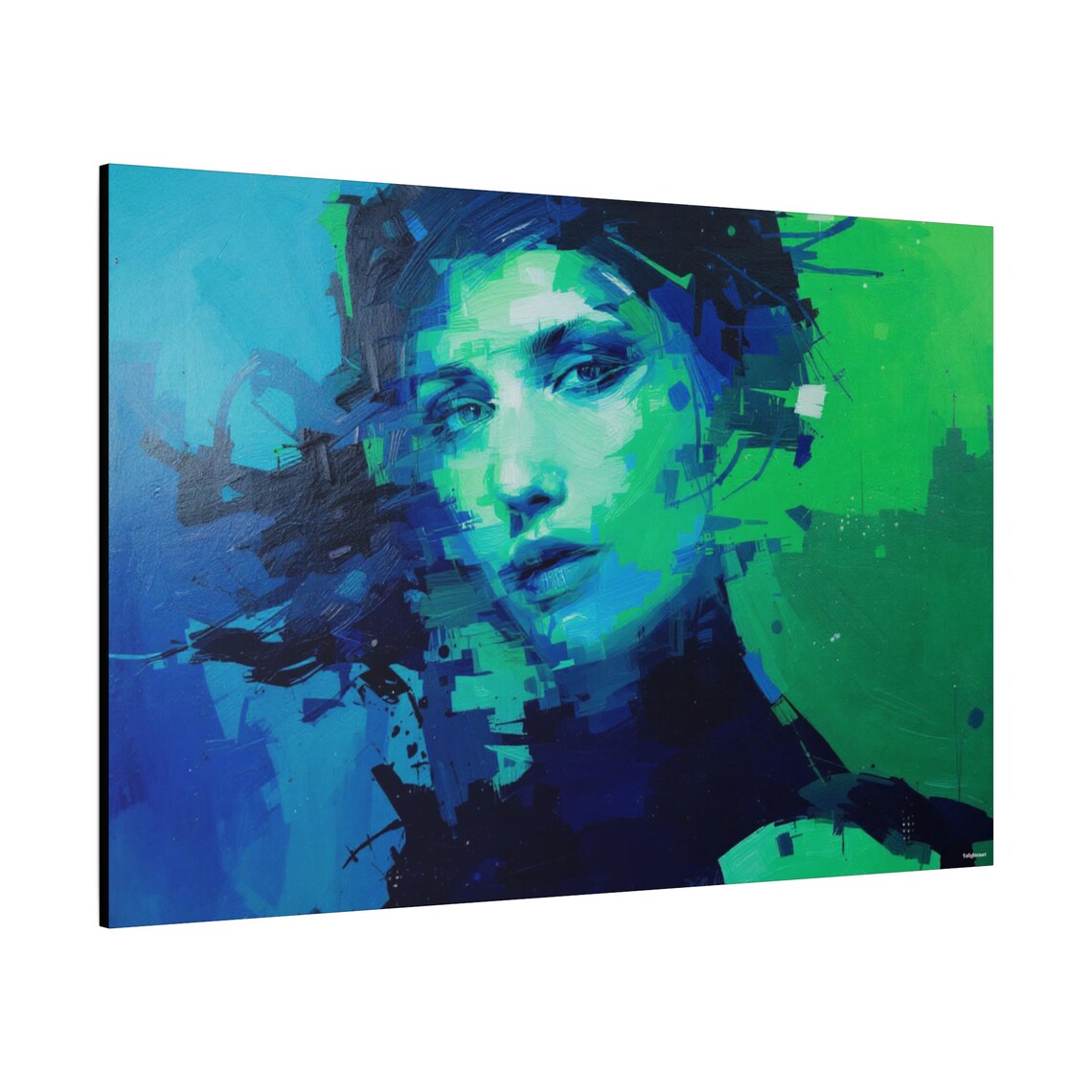 Abstract Blue Green Woman Portrait Glitch Pixelated Modern Art Print - Image 2