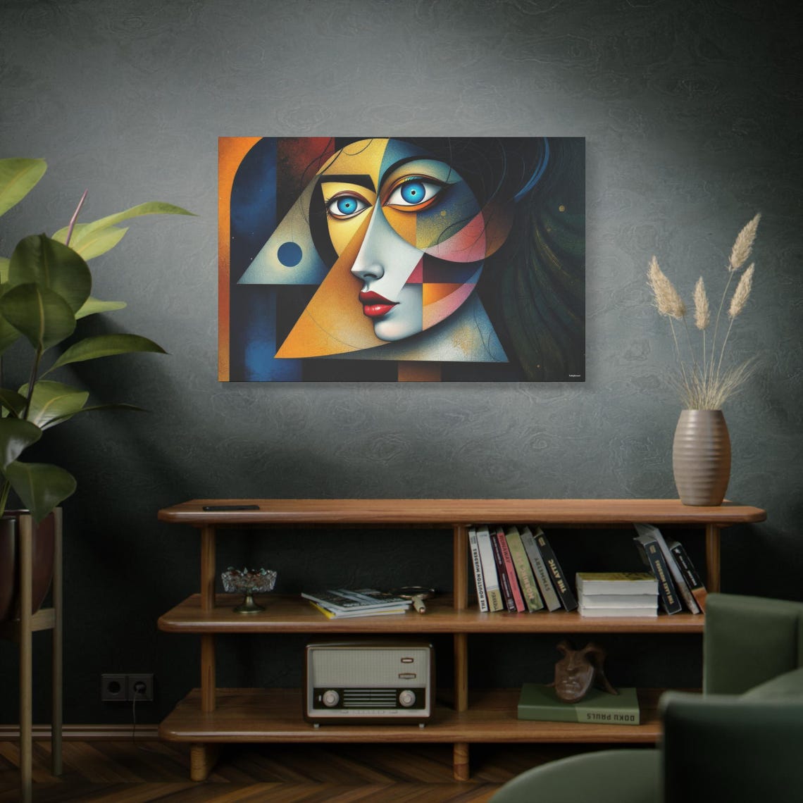 Geometric Cubist Woman Face Abstract Blue Eyes Red Lips Art Print - Image 3