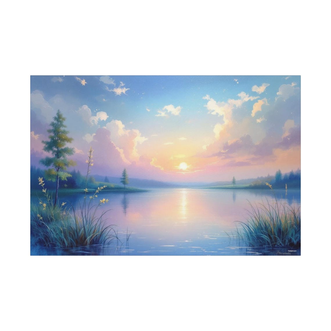 Misty Morning Lake Sunrise Pine Reflections Watercolor Art Poster - Image 3