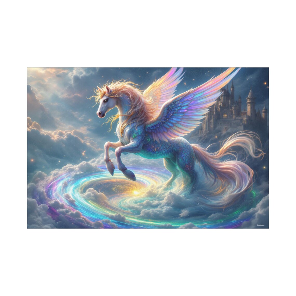 Winged Unicorn Leaping Over Rainbow Aurora Clouds With Castle Fantasy Poster - Image 3