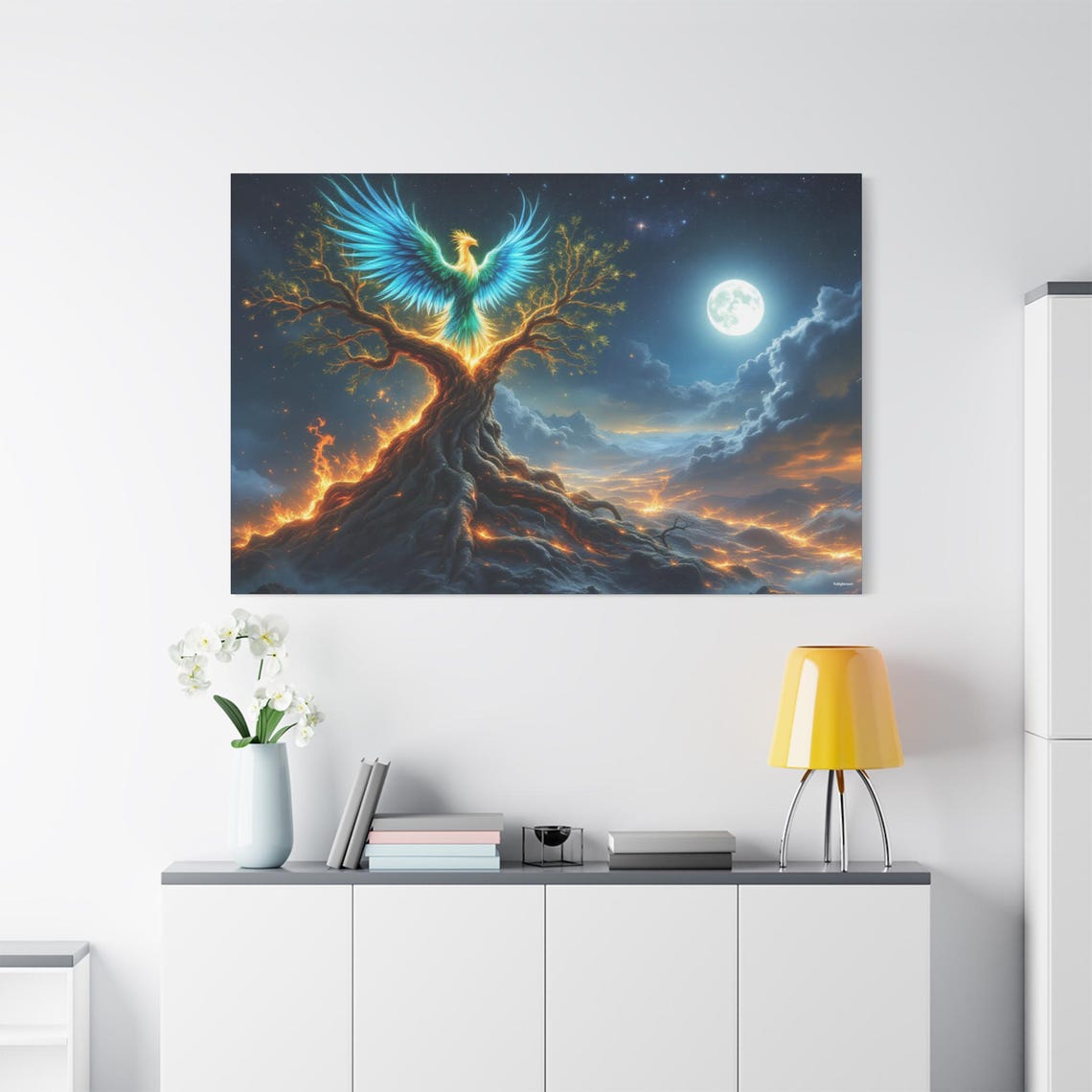 Phoenix Rising Flaming Tree Night Moon Fantasy Mythical Art Poster - Image 2