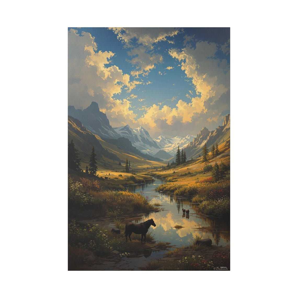 Mountain River Landscape Horse Snow Peaks Golden Sky Fantasy Art Print - Image 3