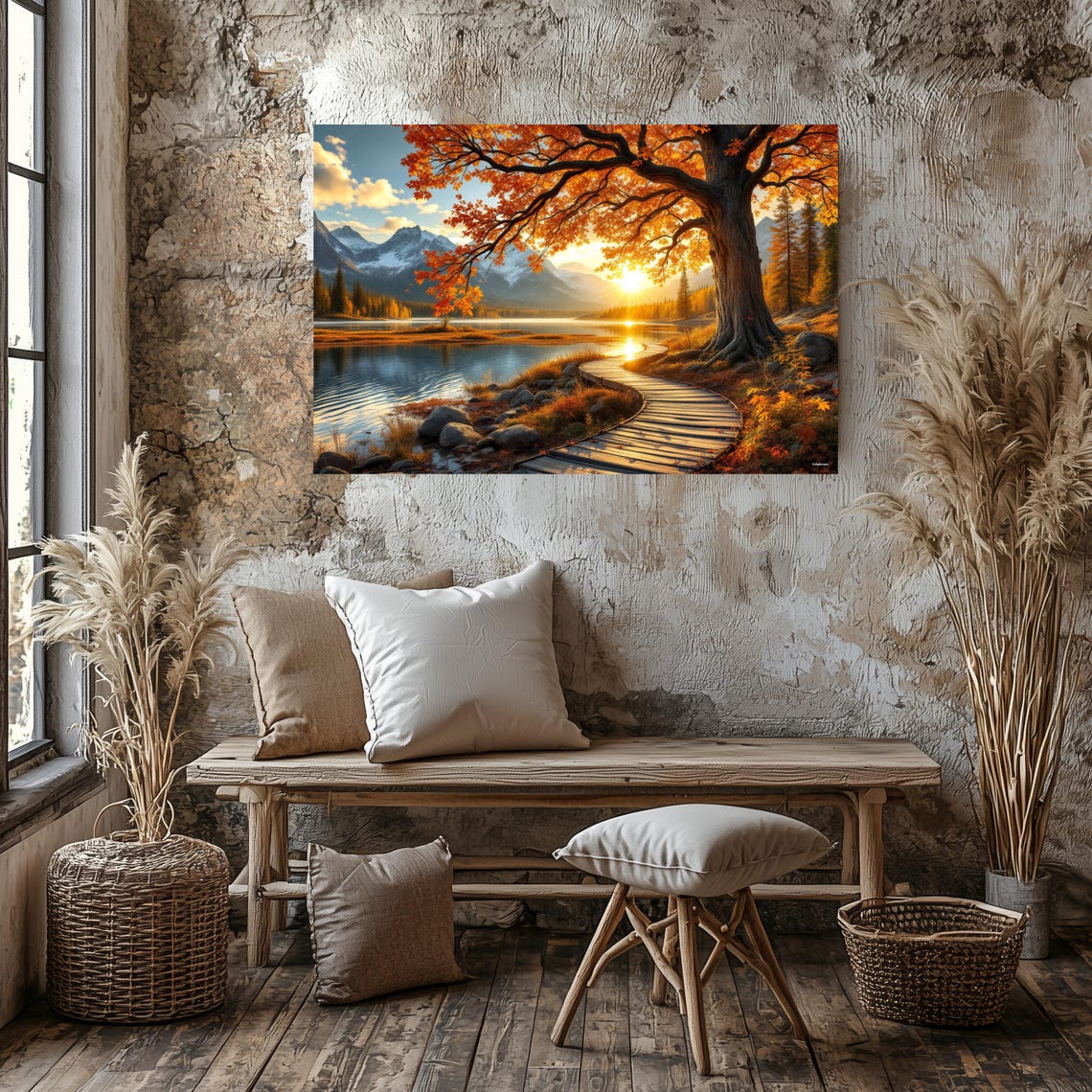 Autumn Boardwalk Under A Blazing Orange Tree By A Mountain Lake Poster