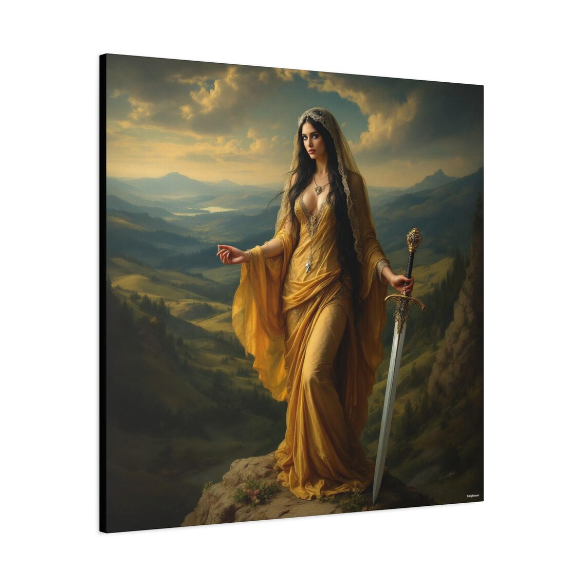 Golden Gown Warrior Woman Sword Mountain Valley Fantasy Art Print - Image 2