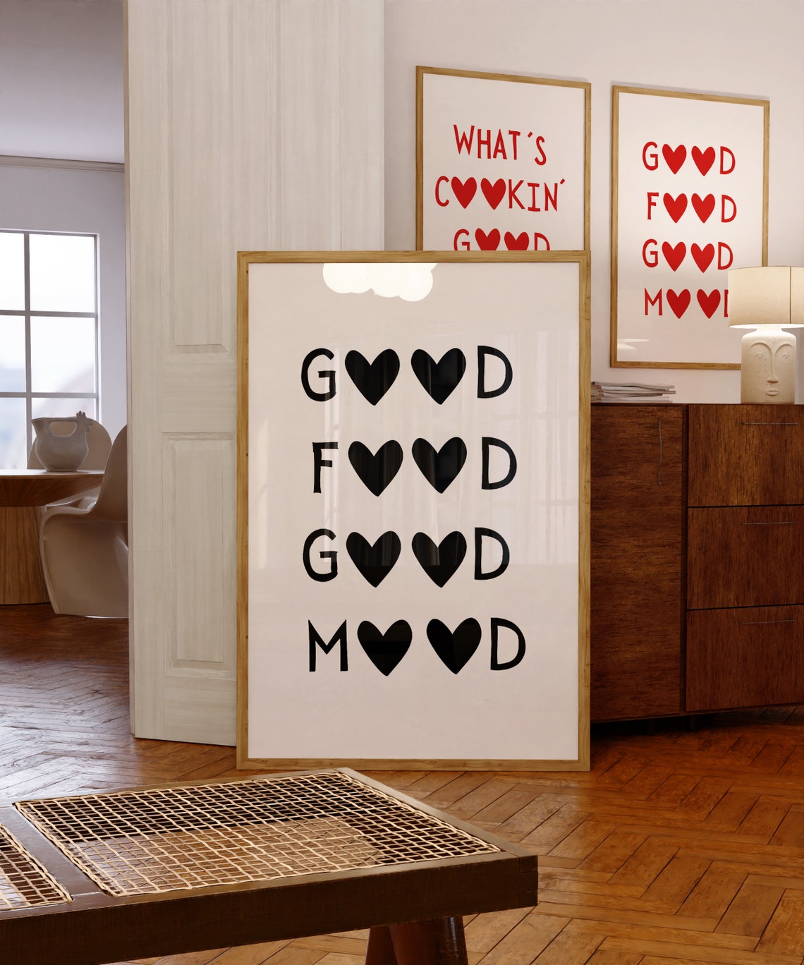 Good Food Good Mood Black Heart Typography Poster for Kitchen Decor