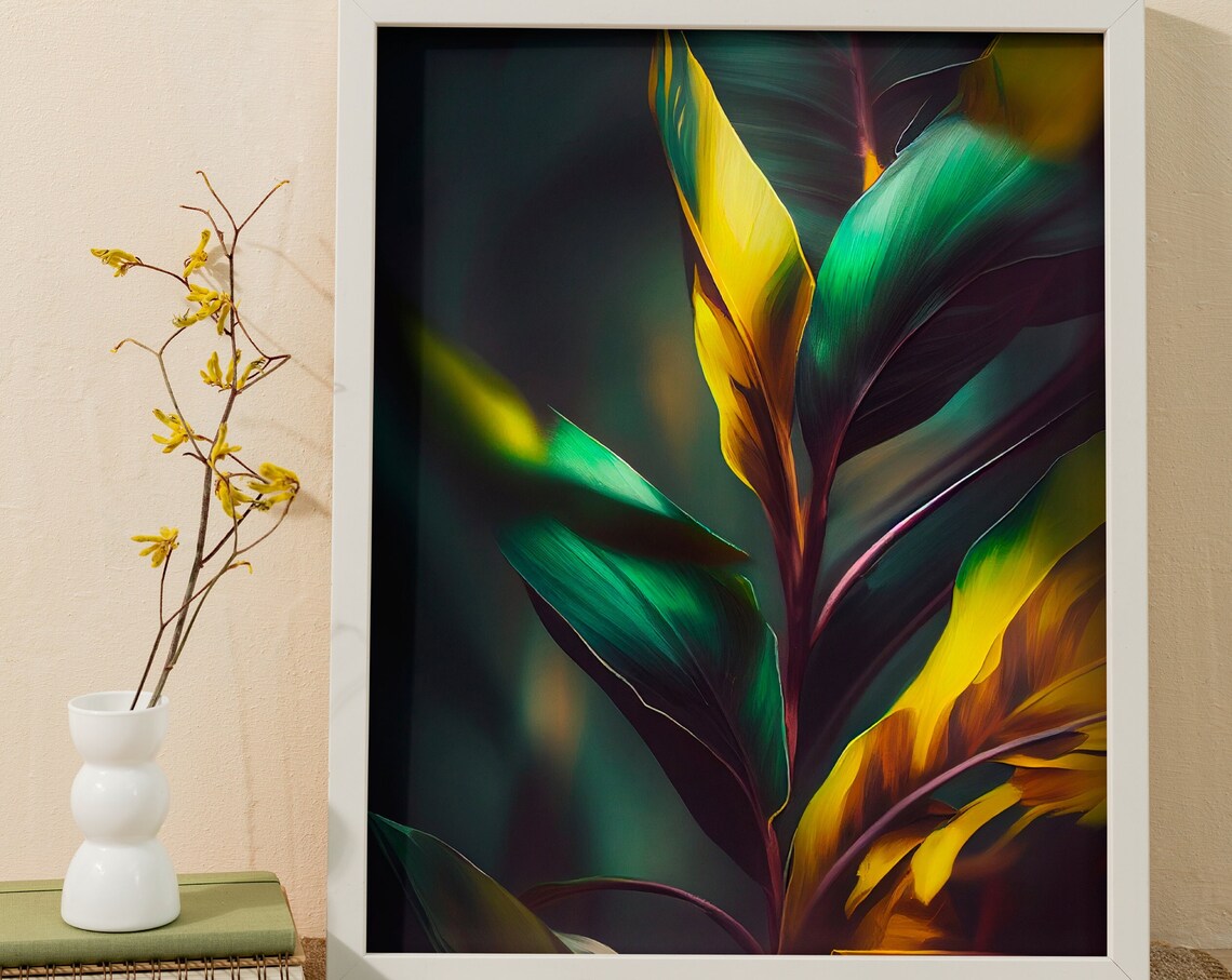 Tropical Banana Leaves Teal Gold Abstract Botanical Art Poster