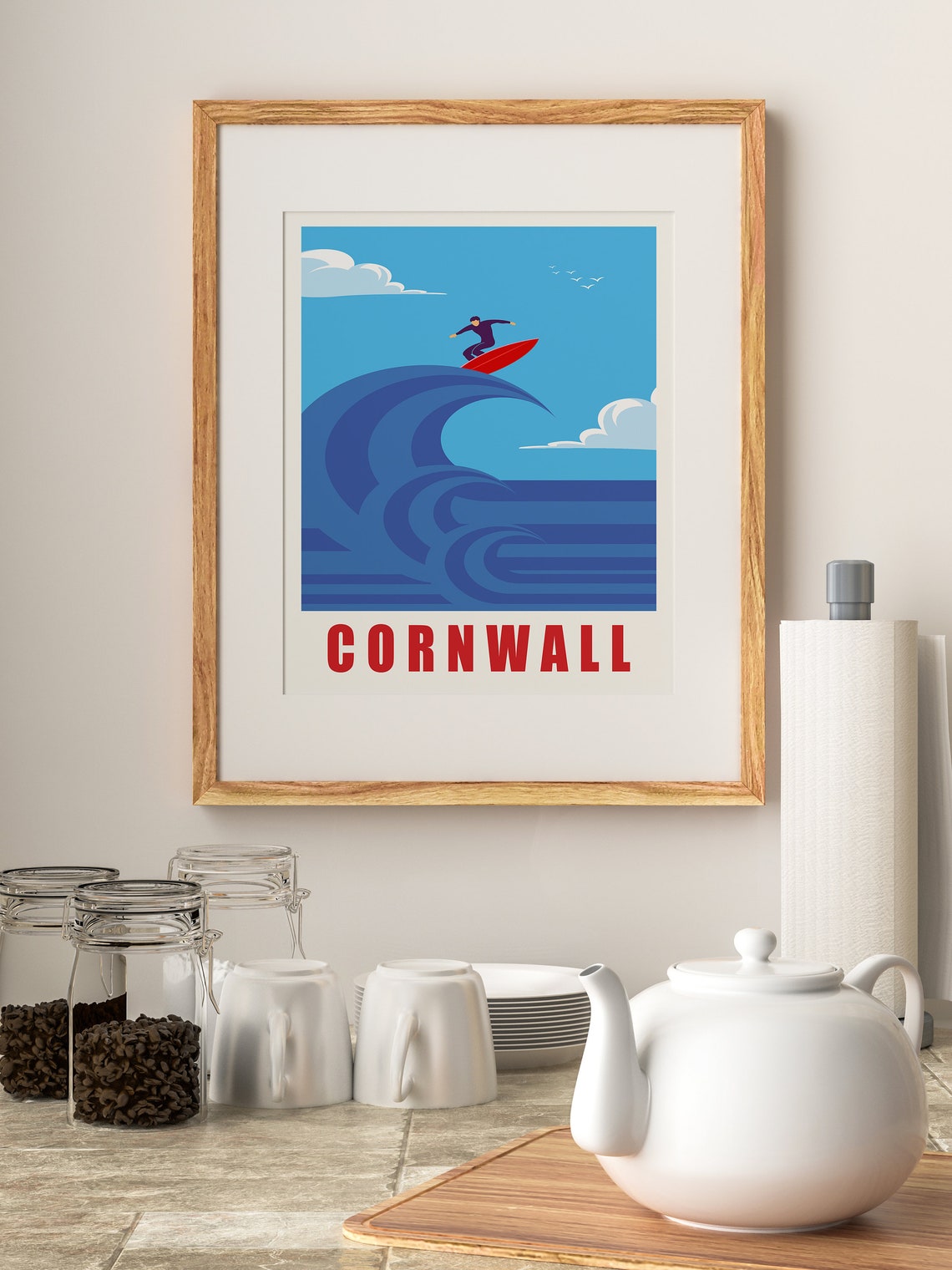 Cornwall Surfer Wave Red Surfboard Retro Coastal Travel Poster - Image 2