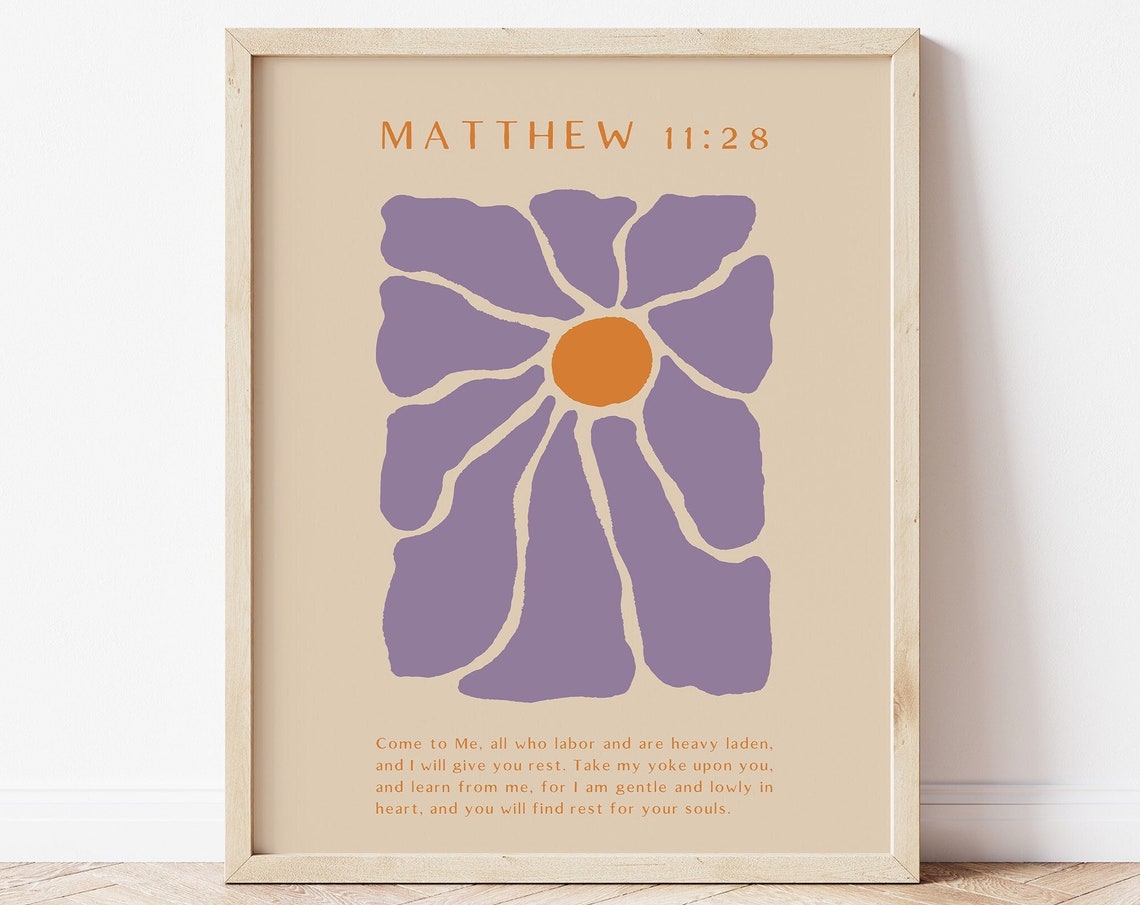 Matthew 11 Come to Me Abstract Purple Flower Scripture Poster