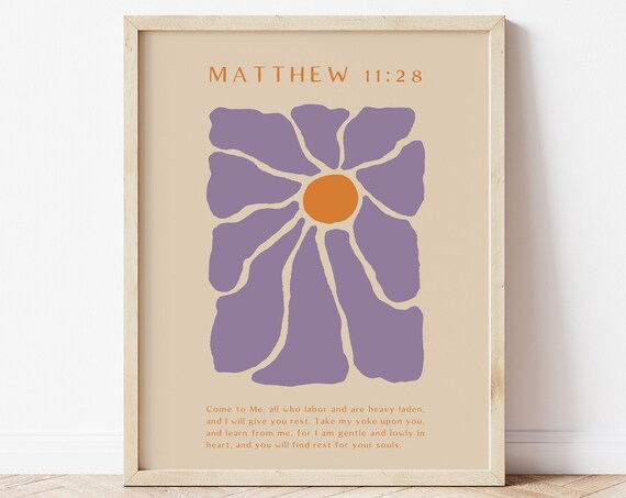 Matthew 11 Come to Me Abstract Purple Flower Scripture Poster