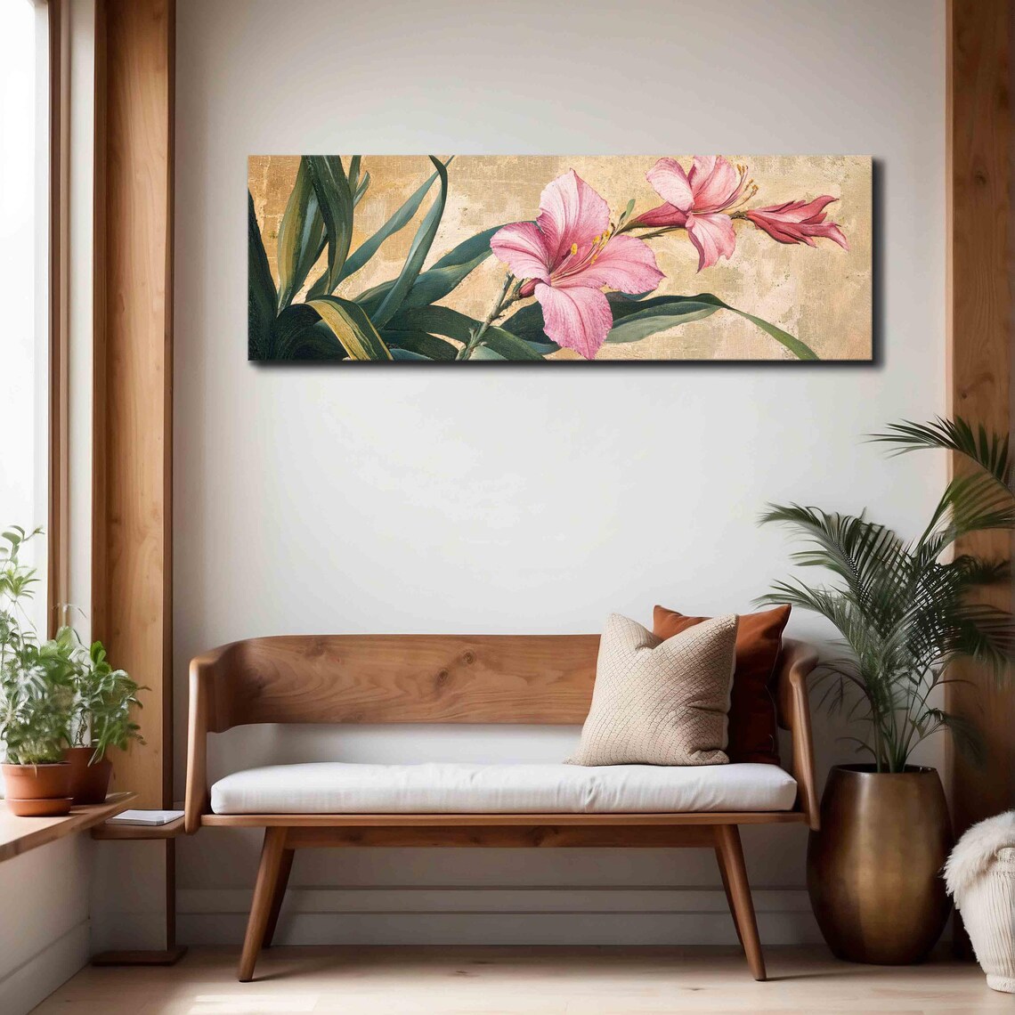 Pink Amaryllis Blossoms on Gold Vintage Botanical Floral Wall Art - Image 4