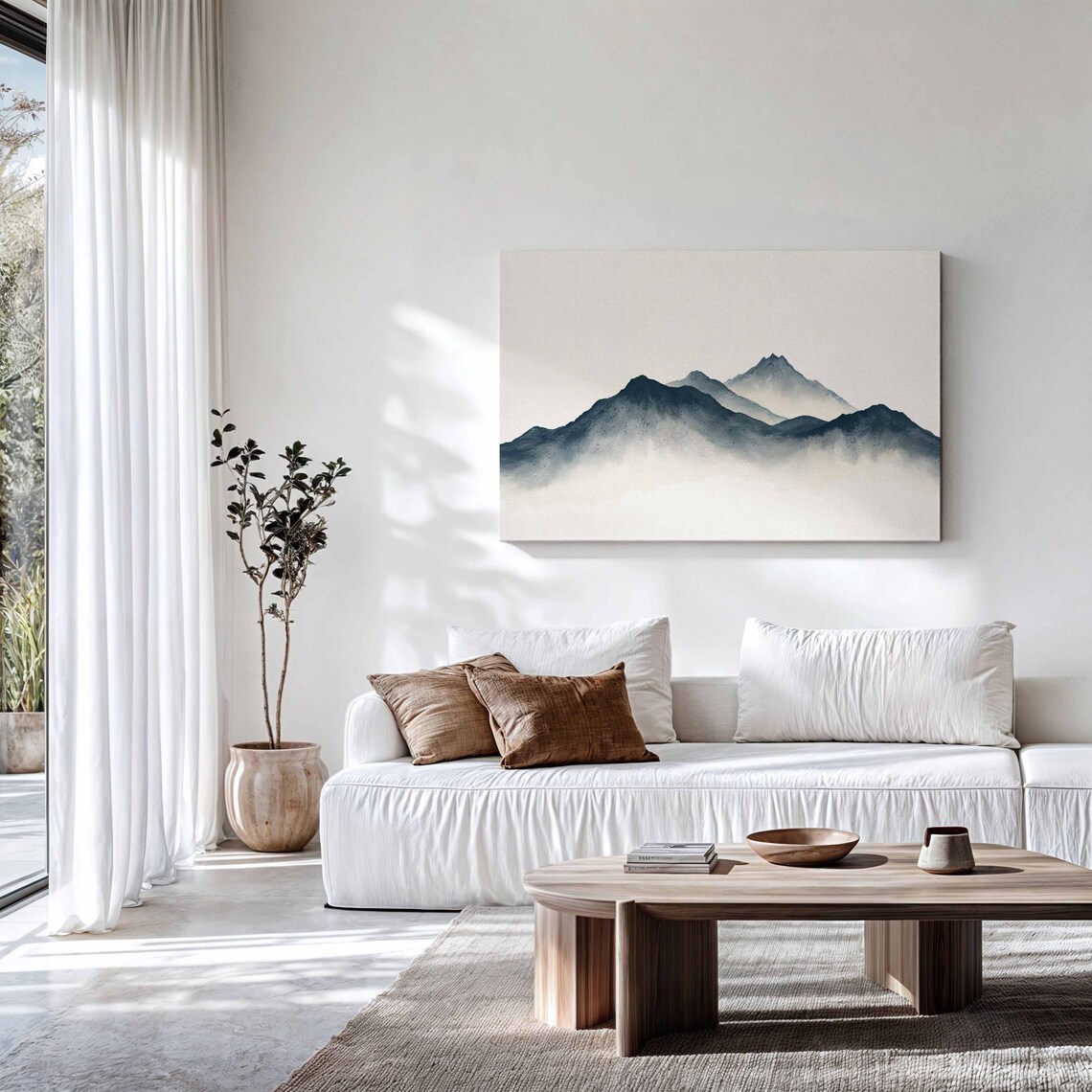 Minimalist Japanese Ink Wash Mountain Peaks in Mist Panoramic Print - Image 3