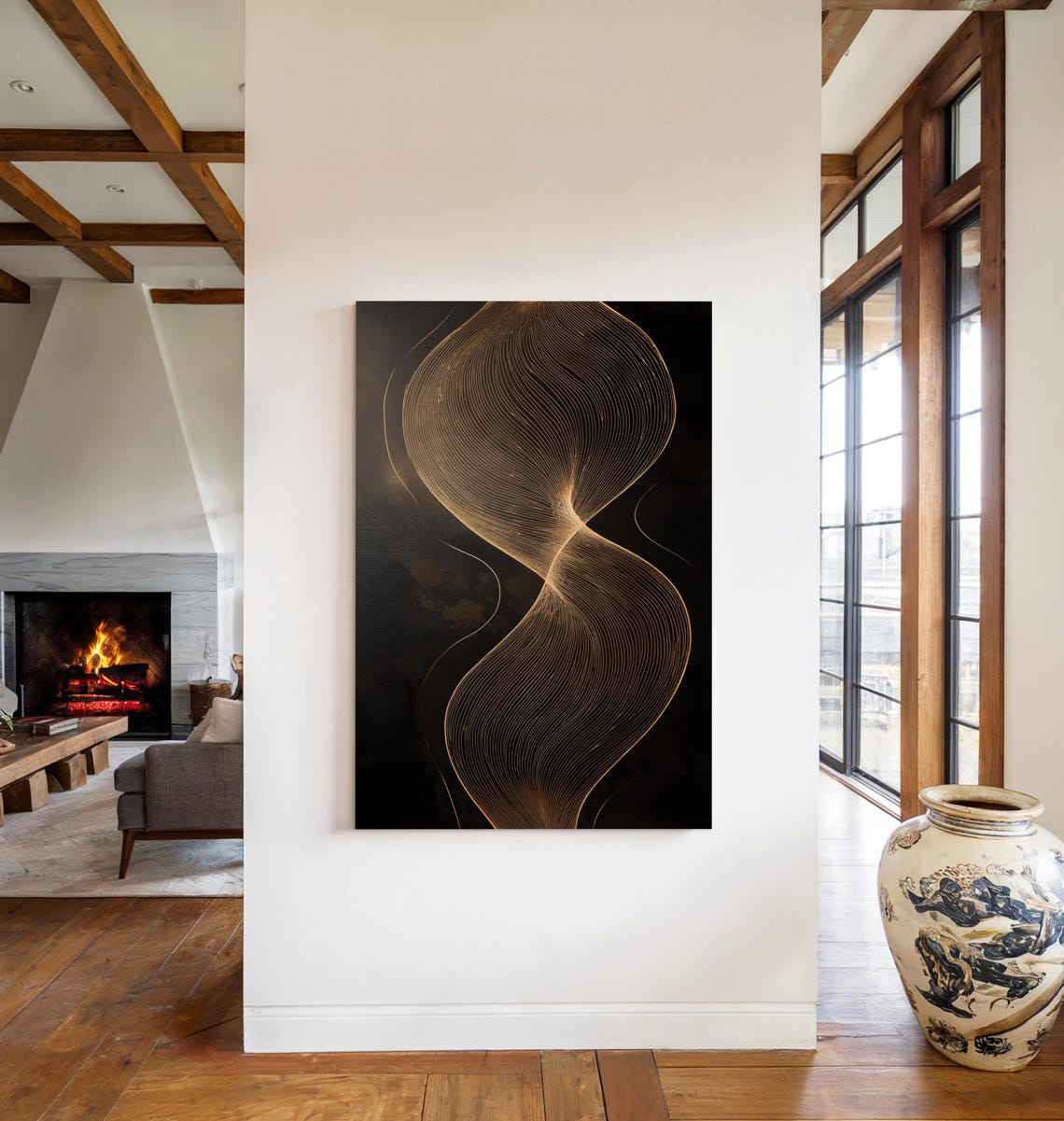 Gold Twisted Lines Black Abstract Vertical Minimalist Line Art Poster - Image 3