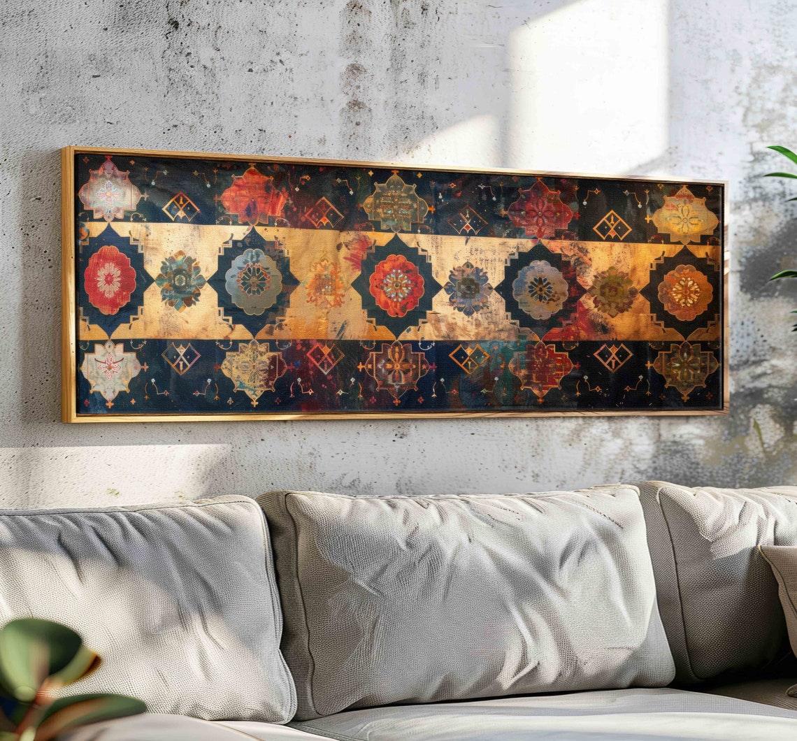 Vintage Gold Tapestry Ornate Medallion Textile Pattern Wall Art